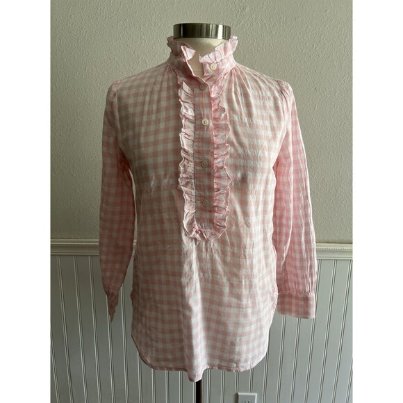 J.CREW Tops - J Crew Pink Long Sleeve Ruffle Neck Blouse Cotton Stretch Gingham Pink White 6